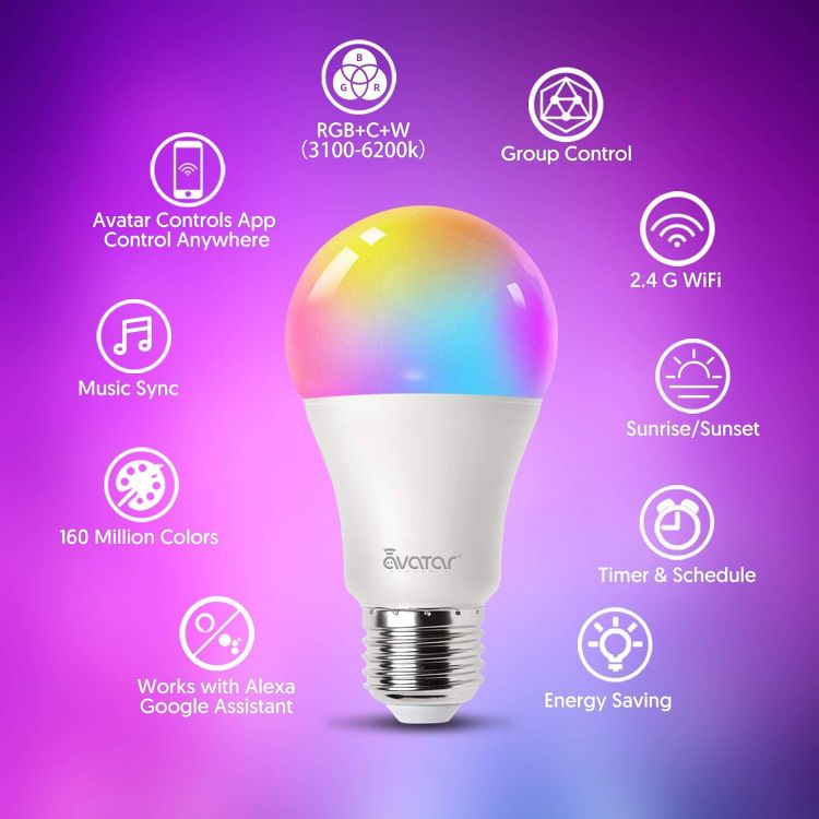 Picture of WiFi Smart Bulb E27 Screw, Music Sync Alexa LED Light Bulbs Colour Changing Dimmable Works with Alexa/Google Home, 9W RGB+Warm+Cool White 900LM, No Hub Required (2 Pack) [Energy Class F]