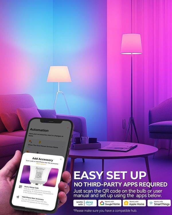 Picture of E27 Smart Bulb, Matter Colour Changing LED Light Bulb Compatible with Apple Home/Alexa, No Extra App Needed, Hub Required, 9W Smart Light Bulb Voice Controlled Dimmable Lighting, 2 Pack [Energy Class F]