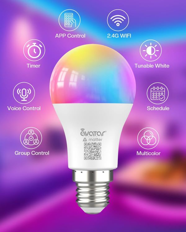 Picture of E27 Smart Bulb, Matter Colour Changing LED Light Bulb Compatible with Apple Home/Alexa, No Extra App Needed, Hub Required, 9W Smart Light Bulb Voice Controlled Dimmable Lighting, 2 Pack [Energy Class F]