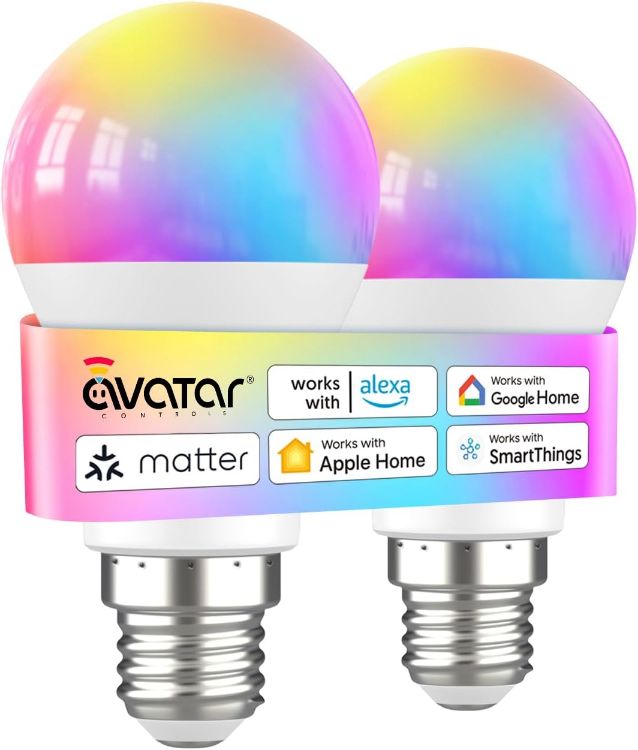 Picture of E27 Smart Bulb, Matter Colour Changing LED Light Bulb Compatible with Apple Home/Alexa, No Extra App Needed, Hub Required, 9W Smart Light Bulb Voice Controlled Dimmable Lighting, 2 Pack [Energy Class F]