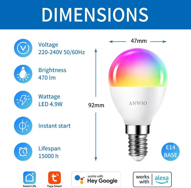 Picture of E14 Smart Bulb Alexa Light Bulbs RGB Colour Changing Bulbs Smart Life App Control Bluetooth & WiFi Bulb 470LM 5W Replace 40 Watt Works with Alexa Echo Google Assistant (4 Pack)