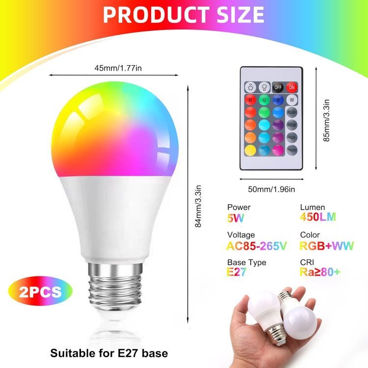 Picture of 2Pack E27 Changing Light Bulb 5W Replacement 40W G45 Dimmable LED Multi-Color Changing for Lamp Remote Control E27 Screw Type Smart Light Bulb RGB + Warm White for Daily Lighting Mood Lighting 450LM