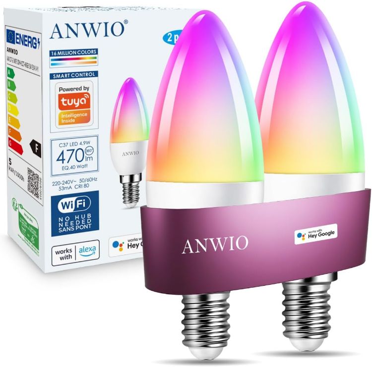Picture of Alexa Smart 5W E14 Candle LED Bulb Dimmed C37 Tuya WiFi Bulb Smart Life 470Lm Replace 40 Watt Alexa Echo Light Bulb Colour Changing RGB Bulb E14 Google Assistant Bulbs (2 Pack)