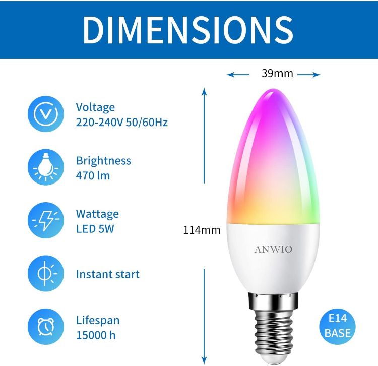 Picture of E14 Smart Bulb Alexa Light WiFi LED Candle Bulbs E14 Smart Candle Bulb 470Lm 5W Replace 40 Watt Compatible with Alexa Google Assistant Remote Control Bulb 4 Pack Supports 2.4g WiFi