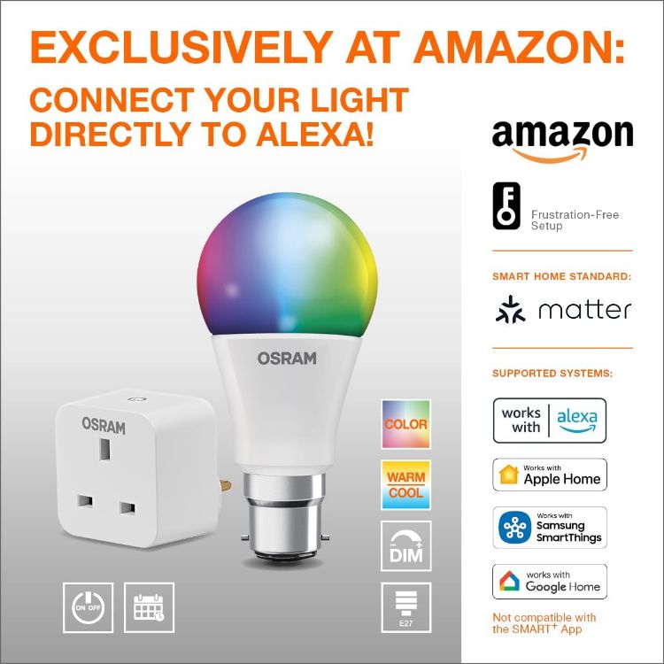 Picture of SMART+ RGBW B22d LED Lamp with Matte Over WiFi Specially Developed for Alexa Easy Setup by Click 60 W Replacement Warm White to Cool White (2700-6500 K) 16 Million RGB Colours Pack of 1