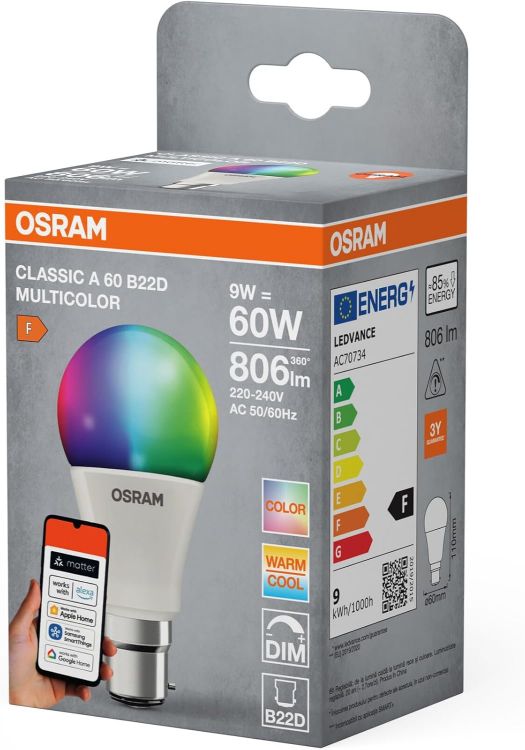 Picture of SMART+ RGBW B22d LED Lamp with Matte Over WiFi Specially Developed for Alexa Easy Setup by Click 60 W Replacement Warm White to Cool White (2700-6500 K) 16 Million RGB Colours Pack of 1
