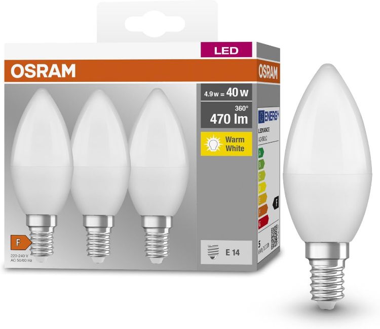 Picture of BASE CLASSIC B 40 FR LED Bulb with E14 Base Mini Candle Shape 3-Pack 4.9W 470lm 2700K Warm White Light Lower Heat Emission Very Low Energy Consumption Long Lifespan