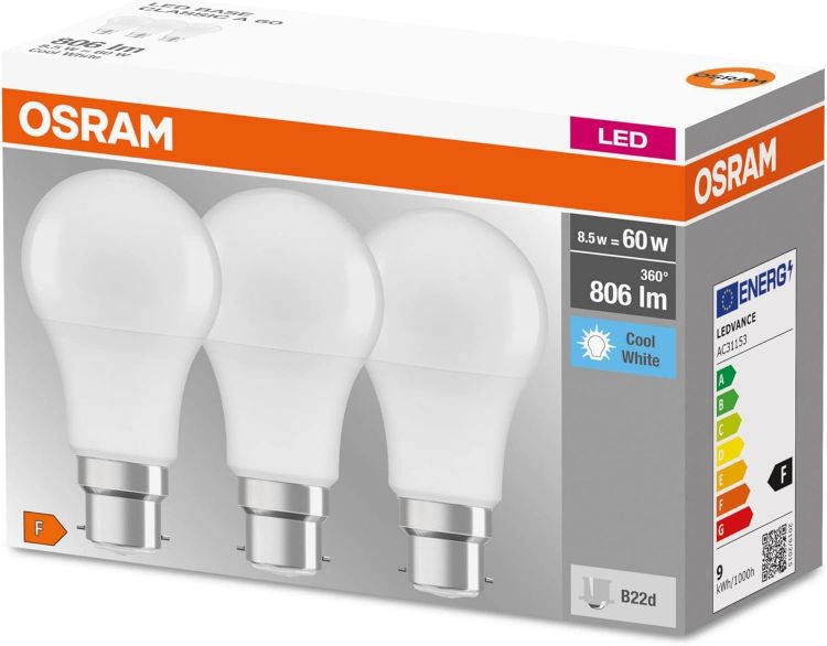 Picture of LED lamp Base B22d Cool White 4000K 8.50W Replacement for 60W Incandescent Bulb Frosted LED Base Classic A Pack of 3