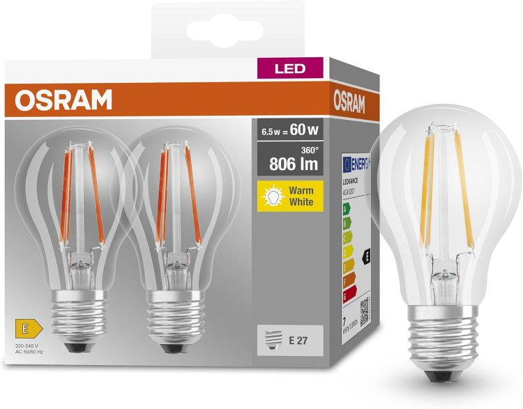 Picture of Base Classic A Fil 60 LED Lamp with E27 Base Classic Bulb Shape Twin Pack 6.5W 806Lm 2700K Warm White Light Low Heat Output Long Life Low Energy Consumption