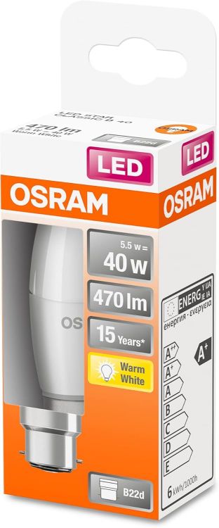 Picture of LED Star Classic B40 Frosted LED Lamp in Candle Shape B22d Base Warm White 2700K 470 Lumen Replacement for Conventional 40W Bulbs 1-Pack