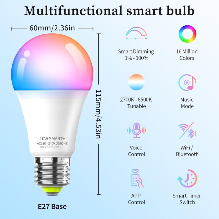 Picture of Wi-Fi Light Bulb E27 800LM (60W Equivalent) RGBCW Wi-Fi & Bluetooth Smart LED Bulbs Preset No Hub Required Google Compatible App Control & Scheduling