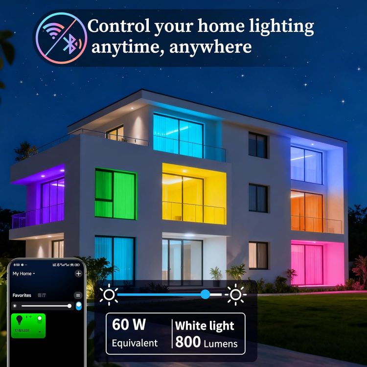 Picture of Light Bulb E27 800LM (60W Equivalent) RGBCW Wi-Fi & Bluetooth Smart LED Bulbs Preset No Hub Required Google Compatible App Control & Scheduling