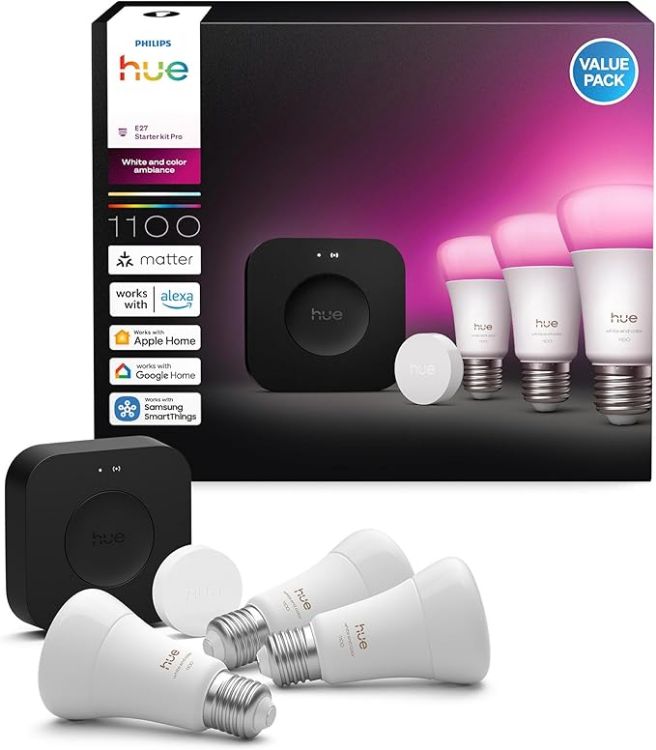Picture of Starter Kit Bridge Pro + Smart Button + 3 A60 E27 Smart Bulbs, White and Colour Ambience, Smart Light Hub, Works with Apple Home, Amazon Alexa, Google Assistant, Samsung SmartThings