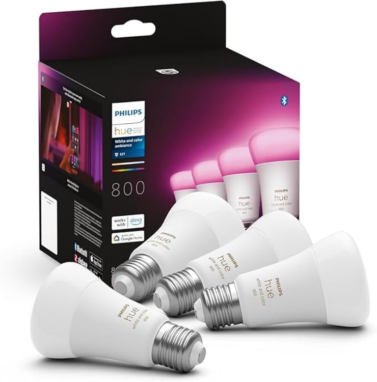 Picture of New White and Colour Ambiance Smart Light Bulb 4 Pack 60W - 800 Lumen [E27 Edison Screw] with Bluetooth. Works with Alexa, Google Assistant and Apple Homekit