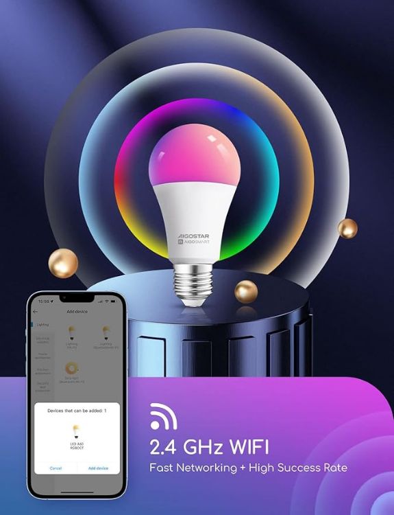 Picture of Smart Bulb E27, Alexa Light Bulb, WiFi Smart Bulb 9W RGBCW LED Colour Changing Light Bulb Compatible with Amazon Alexa and Google Home,Sync to Music, Dimmable, No Hub Required, 6 Packs