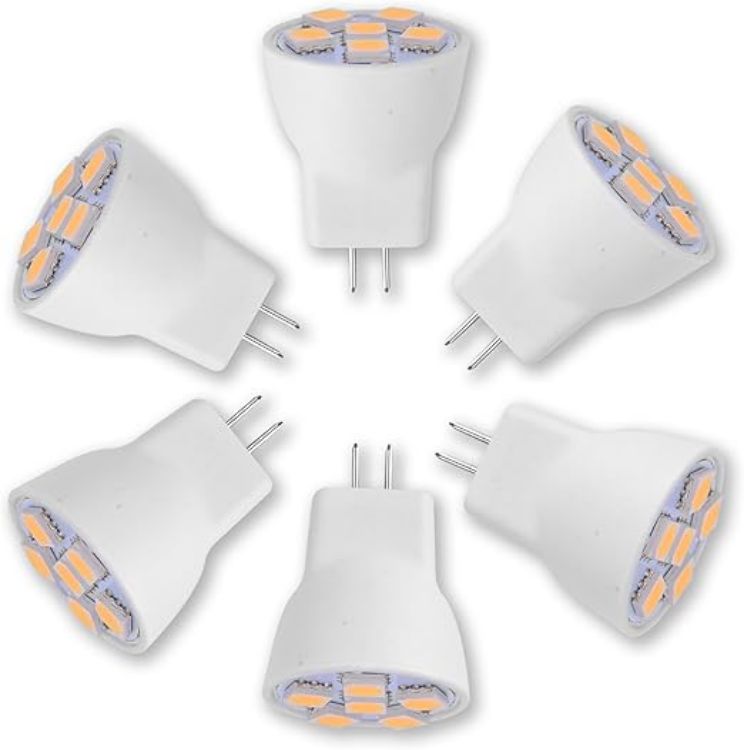 Picture of MR8 Light Bulb LED Replacement for Mini Halogen Recessed Lamps 12 Volt 1" Diameter GU4 RV Boat Camper Yacht Train Motor Home Interior Tiny House Ship Van Truck Sprinter Lighting - Warm White - 6 Pack