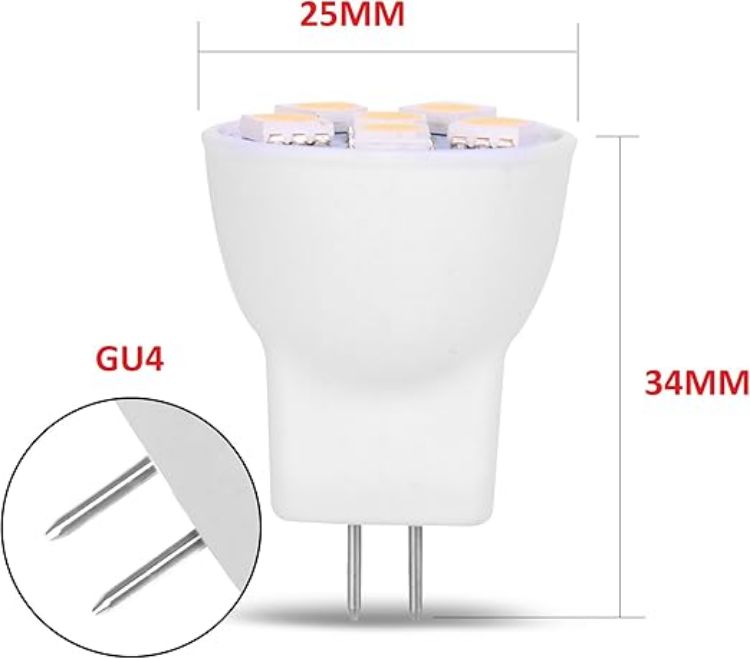 Picture of MR8 Light Bulb LED Replacement for Mini Halogen Recessed Lamps 12 Volt 1" Diameter GU4 RV Boat Camper Yacht Train Motor Home Interior Tiny House Ship Van Truck Sprinter Lighting - Warm White - 6 Pack