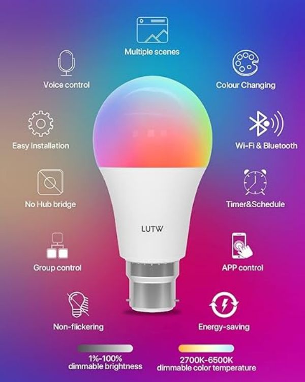 Picture of Smart Light Bulb, B22 Bayonet Led Bulb with Colour Changing Light, Compatible with Echo Alexa, Google Home, 9W 940lm RGBCW Bluetooth &WiFi 2.4GHz, Pack of 2 (No Hub Required) [Energy Class F]