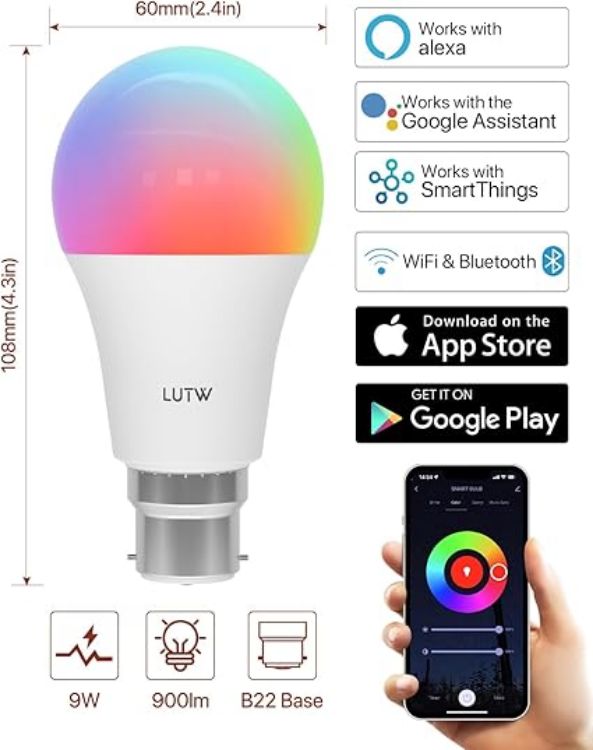 Picture of Smart Light Bulb, B22 Bayonet Led Bulb with Colour Changing Light, Compatible with Echo Alexa, Google Home, 9W 940lm RGBCW Bluetooth &WiFi 2.4GHz, Pack of 2 (No Hub Required) [Energy Class F]