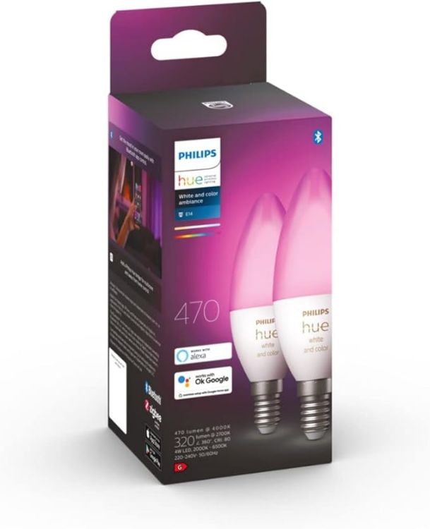 Picture of White & Colour Ambiance Smart Light Bulb Candle Twin Pack LED [E14] with Bluetooth - 1100 Lumen + Hue Dimmer Switch. Works with Alexa, Google Nest, Apple Homekit.