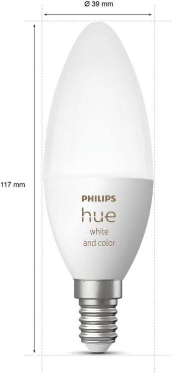 Picture of White & Colour Ambiance Smart Light Bulb Candle Twin Pack LED [E14] with Bluetooth - 1100 Lumen + Hue Dimmer Switch. Works with Alexa, Google Nest, Apple Homekit.