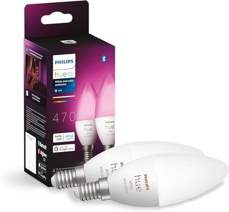 Picture of White & Colour Ambiance Smart Light Bulb Candle Twin Pack LED [E14] with Bluetooth - 1100 Lumen + Hue Dimmer Switch. Works with Alexa, Google Nest, Apple Homekit.