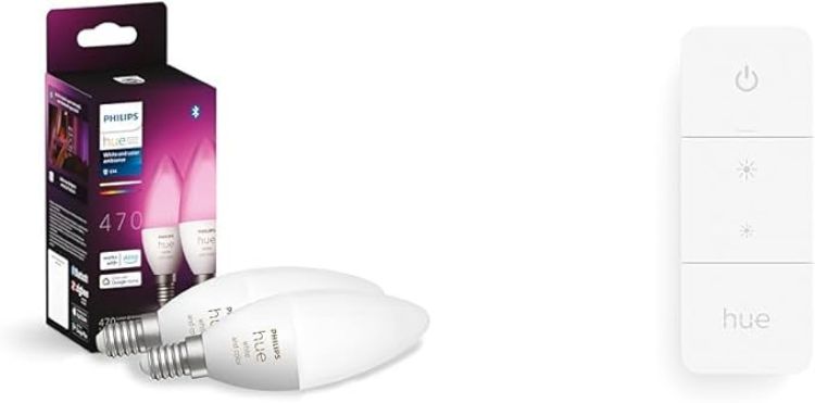 Picture of White & Colour Ambiance Smart Light Bulb Candle Twin Pack LED [E14] with Bluetooth - 1100 Lumen + Hue Dimmer Switch. Works with Alexa, Google Nest, Apple Homekit.