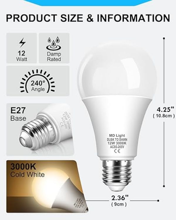 Picture of 12W E27 Dawn Till Dusk Light Bulbs, ES Screw Light Sensor LED Bulbs, Warm White 3000K, Smart Automatic On/Off, Outdoor Indoor Lighting Bulb for Porch, Garden, Yard, Patio, 2 Pack [Energy Class F]