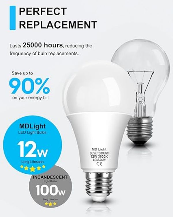 Picture of 12W E27 Dawn Till Dusk Light Bulbs, ES Screw Light Sensor LED Bulbs, Warm White 3000K, Smart Automatic On/Off, Outdoor Indoor Lighting Bulb for Porch, Garden, Yard, Patio, 2 Pack [Energy Class F]