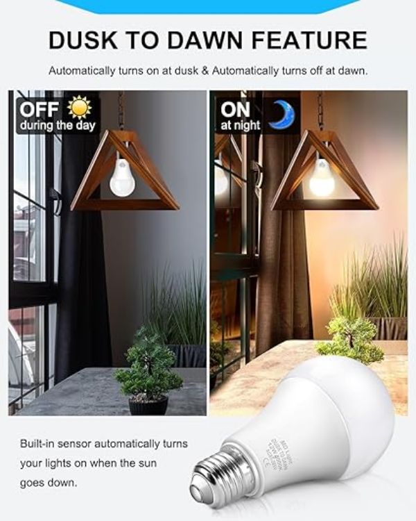 Picture of 12W E27 Dawn Till Dusk Light Bulbs, ES Screw Light Sensor LED Bulbs, Warm White 3000K, Smart Automatic On/Off, Outdoor Indoor Lighting Bulb for Porch, Garden, Yard, Patio, 2 Pack [Energy Class F]