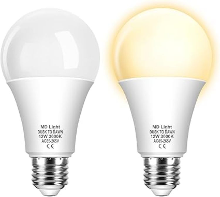 Picture of 12W E27 Dawn Till Dusk Light Bulbs, ES Screw Light Sensor LED Bulbs, Warm White 3000K, Smart Automatic On/Off, Outdoor Indoor Lighting Bulb for Porch, Garden, Yard, Patio, 2 Pack [Energy Class F]