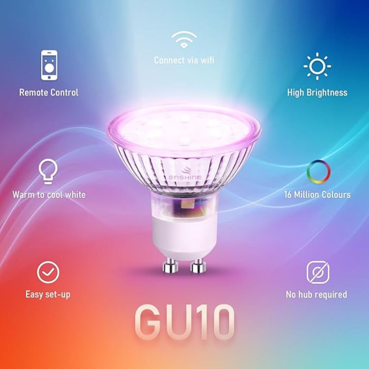 Picture of GU10 Smart Bulb, Warm to Cool White and RGB WiFi led Light Bulbs, Dimmable Colour Changing, Compatible with Alexa and Google Home, Music Sync, 5W(50W), 470 Lumens, No Hub Required, 4 Pack
