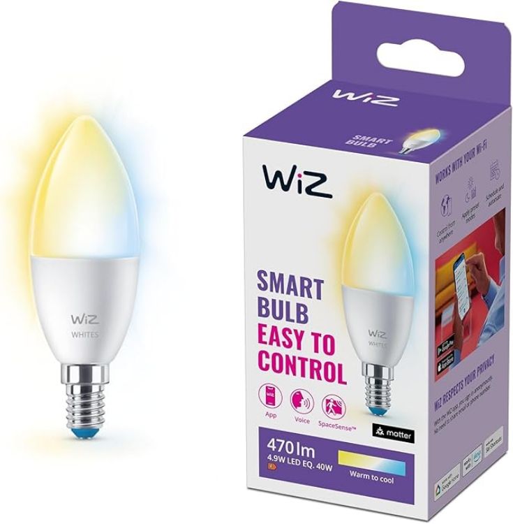 Picture of Smart Candle Light Bulb, Tunable White, E14 Small Screw 40W, Smart LED Connected WiFi Works with Alexa, Google Assistant & HomeKit, App Control for Livingroom, Bedroom. Dimmable White