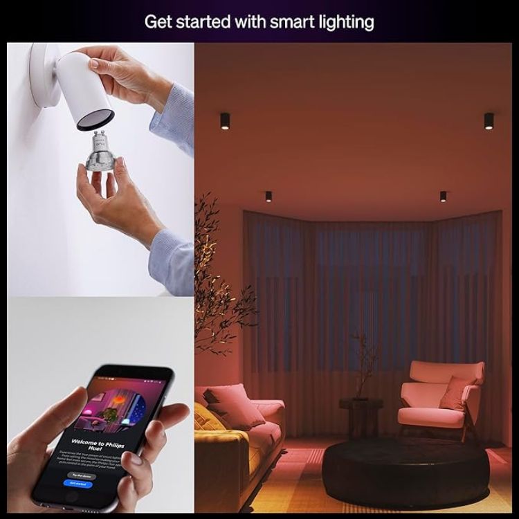 Picture of Essential Smart LED GU10 Spotlight Bulb, White and Color Ambiance, 4.7W, 2200K-6500K, 345 Lumens, Dimmable, Works with Alexa, Google Assistant, and Apple Home, 4 Pack