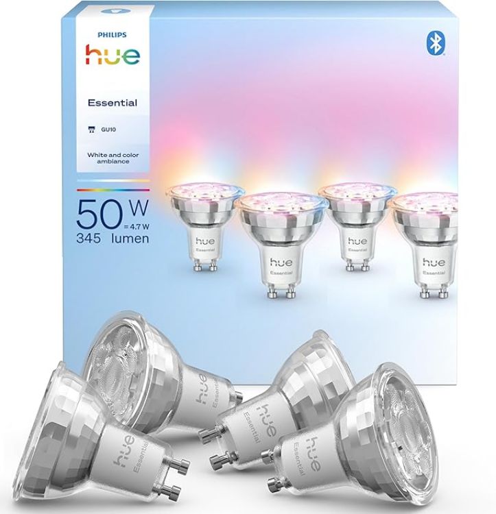 Picture of Essential Smart LED GU10 Spotlight Bulb, White and Color Ambiance, 4.7W, 2200K-6500K, 345 Lumens, Dimmable, Works with Alexa, Google Assistant, and Apple Home, 4 Pack