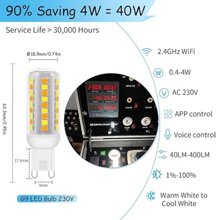 Picture of Wi-Fi Smart G9 LED Bulbs,Compatible with Alexa /Google Assistant, Dimmable,Warm White to Cool White, Brightness Adjustable 0%-100% 230V,0.4-4W,40LM-400LM,Timer Function G9 Smart LED bulb,2pack [Energy Class C]