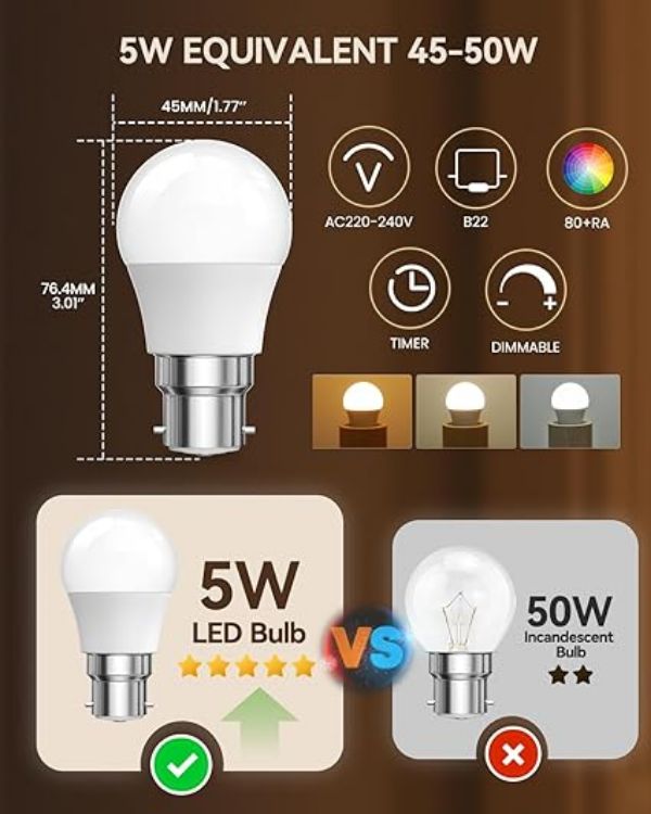 Picture of B22 LED Bulbs with Remote Control, Bayonet 5W Dimmable G45 Golf Ball Light, 3 Color Temperatures 3000K 4000K 6000K, Timer & Memory Function, Night Light for Living Room Bedroom, 2 Pack
