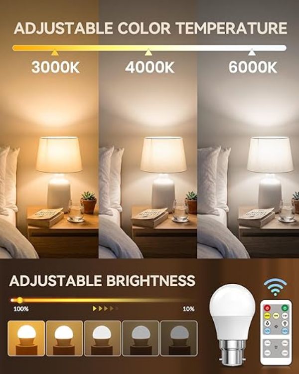 Picture of B22 LED Bulbs with Remote Control, Bayonet 5W Dimmable G45 Golf Ball Light, 3 Color Temperatures 3000K 4000K 6000K, Timer & Memory Function, Night Light for Living Room Bedroom, 2 Pack