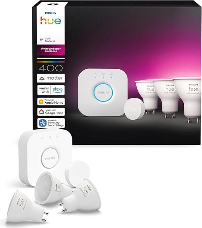 Picture of Starter Kit: Philips Hue Bridge + 3 GU10 Smart Bulb Spotlights + Smart Button, White and Color Ambiance, Smart Lights Hub, Works with Apple Home, Alexa, Google Assistant, SmartThings [Energy Class E]