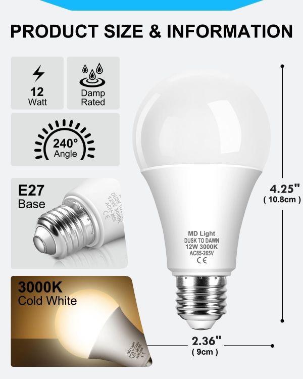 Picture of 12W E27 Dawn Till Dusk LED Light Bulbs Warm White 3000K Auto On Off Sensor ES Screw 2 Pack
