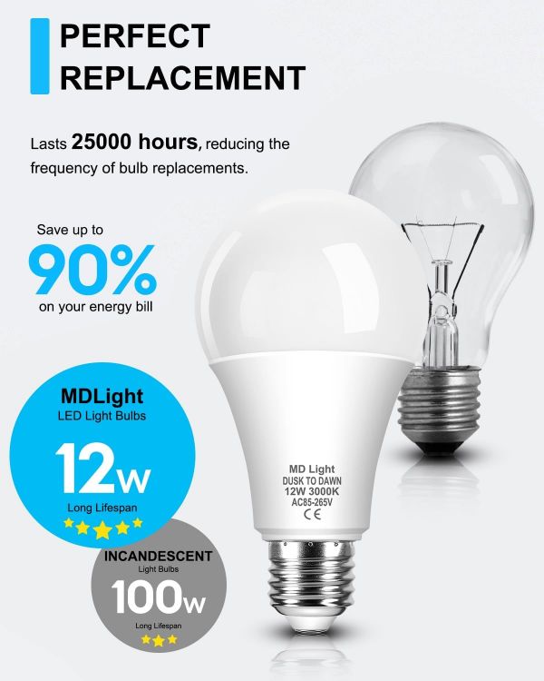 Picture of 12W E27 Dawn Till Dusk LED Light Bulbs Warm White 3000K Auto On Off Sensor ES Screw 2 Pack