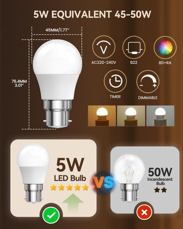 Picture of B22 LED Bulbs with Remote Control 5W Dimmable G45 Golf Ball Light 3 Colour Temperatures Timer Memory Function 2 Pack