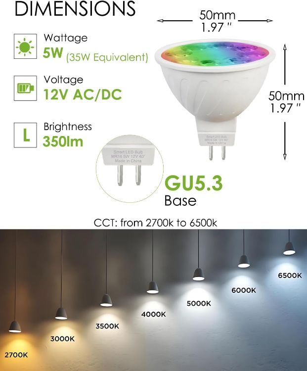 Picture of MR16 Smart LED Light Bulb RGBCW Colour Changing WiFi Bluetooth Alexa Google Assistant Music Sync 2 Pack Energy Class E