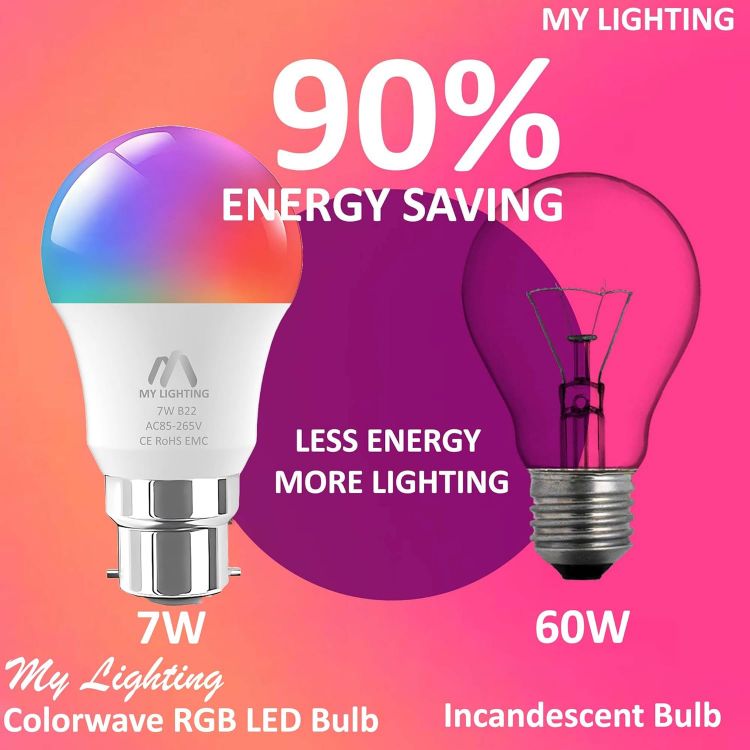Picture of 7W B22 LED Bulb RGB Colour Changing Warm White Dimmable Remote Control 806 Lumens 16 Million Colours Mood Lighting 1 Pack
