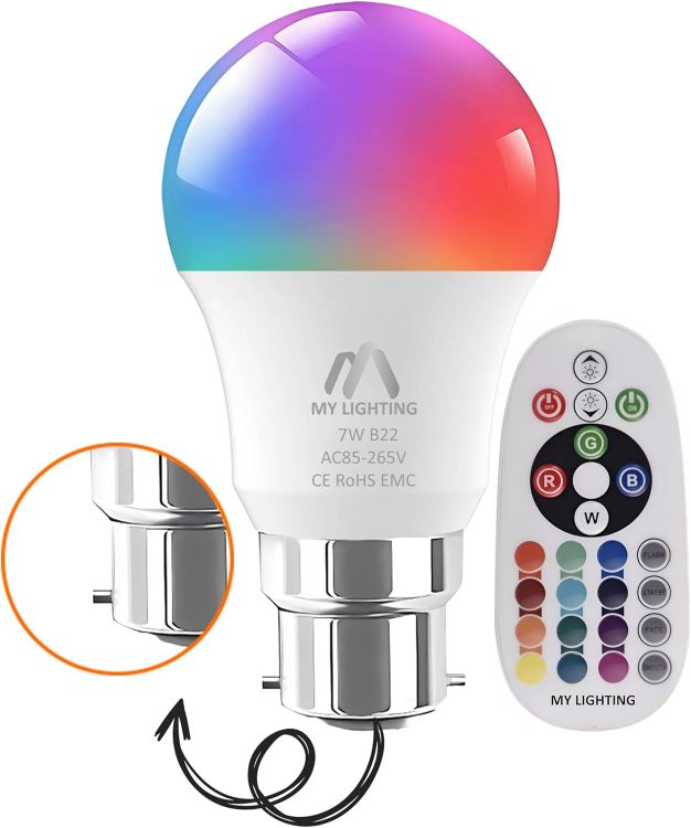 Picture of 7W B22 LED Bulb RGB Colour Changing Warm White Dimmable Remote Control 806 Lumens 16 Million Colours Mood Lighting 1 Pack