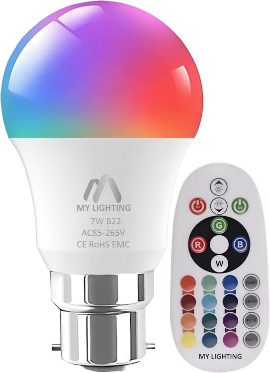 Picture of 7W B22 LED Bulb RGB Colour Changing Warm White Dimmable Remote Control 806 Lumens 16 Million Colours Mood Lighting 1 Pack