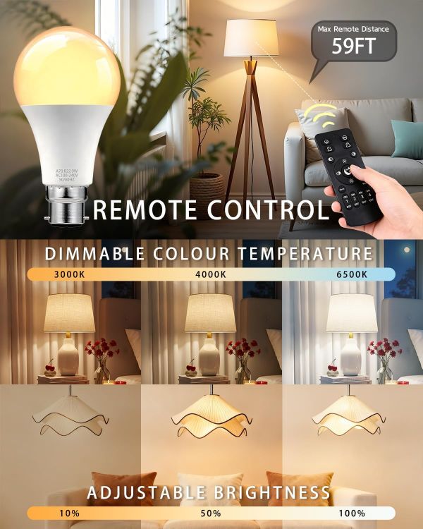 Picture of 7W B22 LED Bulb RGB Colour Changing Warm White Dimmable Remote Control 806 Lumens 16 Million Colours Mood Lighting 1 Pack