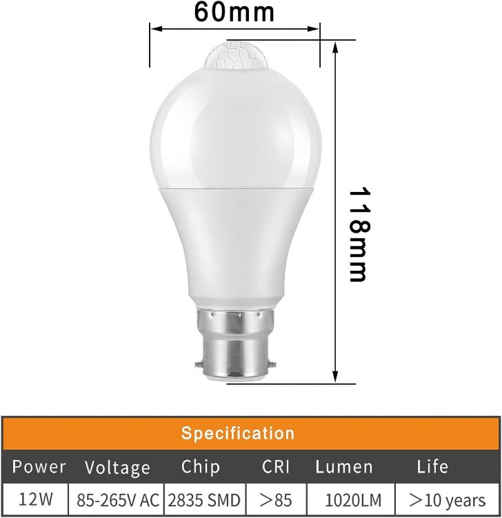 Picture of B22 Motion Sensor LED Bulbs 12W 1020LM Cool White 6000K IP42 Energy Saving Bayonet Light Bulb 2 Pack