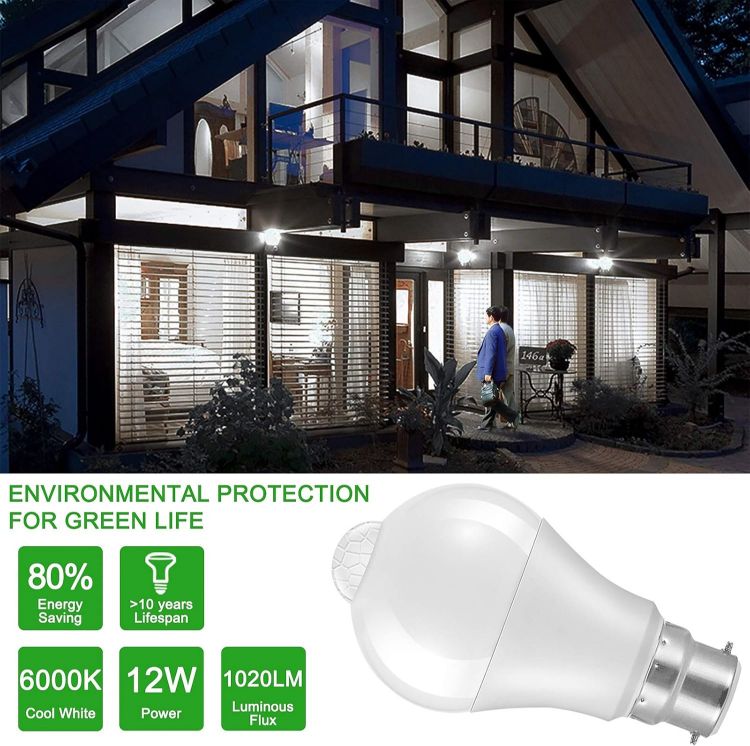 Picture of B22 Motion Sensor LED Bulbs 12W 1020LM Cool White 6000K IP42 Energy Saving Bayonet Light Bulb 4 Pack