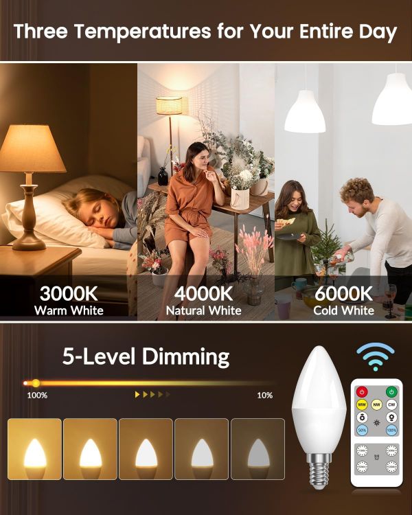 Picture of 4W E14 LED Candle Bulbs with Remote Control Dimmable SES 40W Equivalent 3 Colour Temperatures Timer 2 Pack